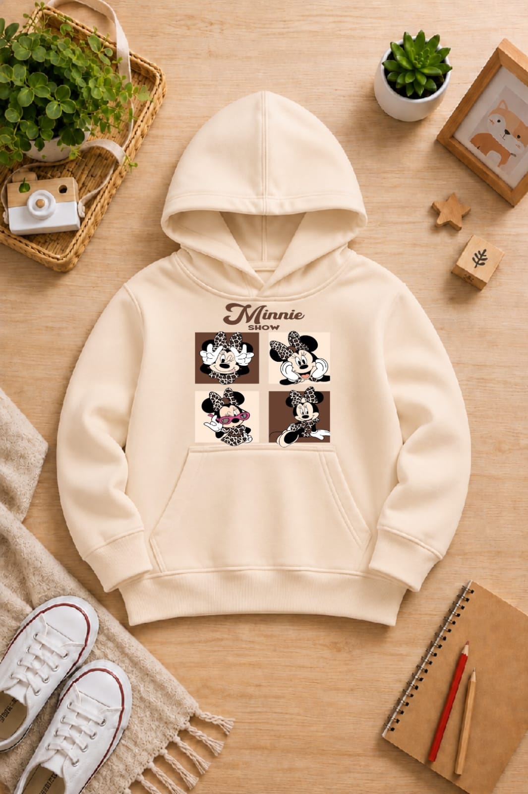 Girls' beige Printed Hoodie mini mouse Soft Warm Winter Kids Hoodie