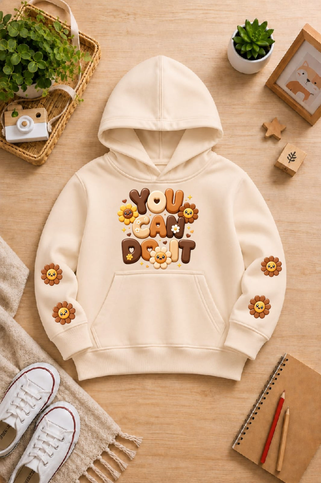 Girls' beige Printed Hoodie flowers Soft Warm Winter Kids Hoodie (Copy)