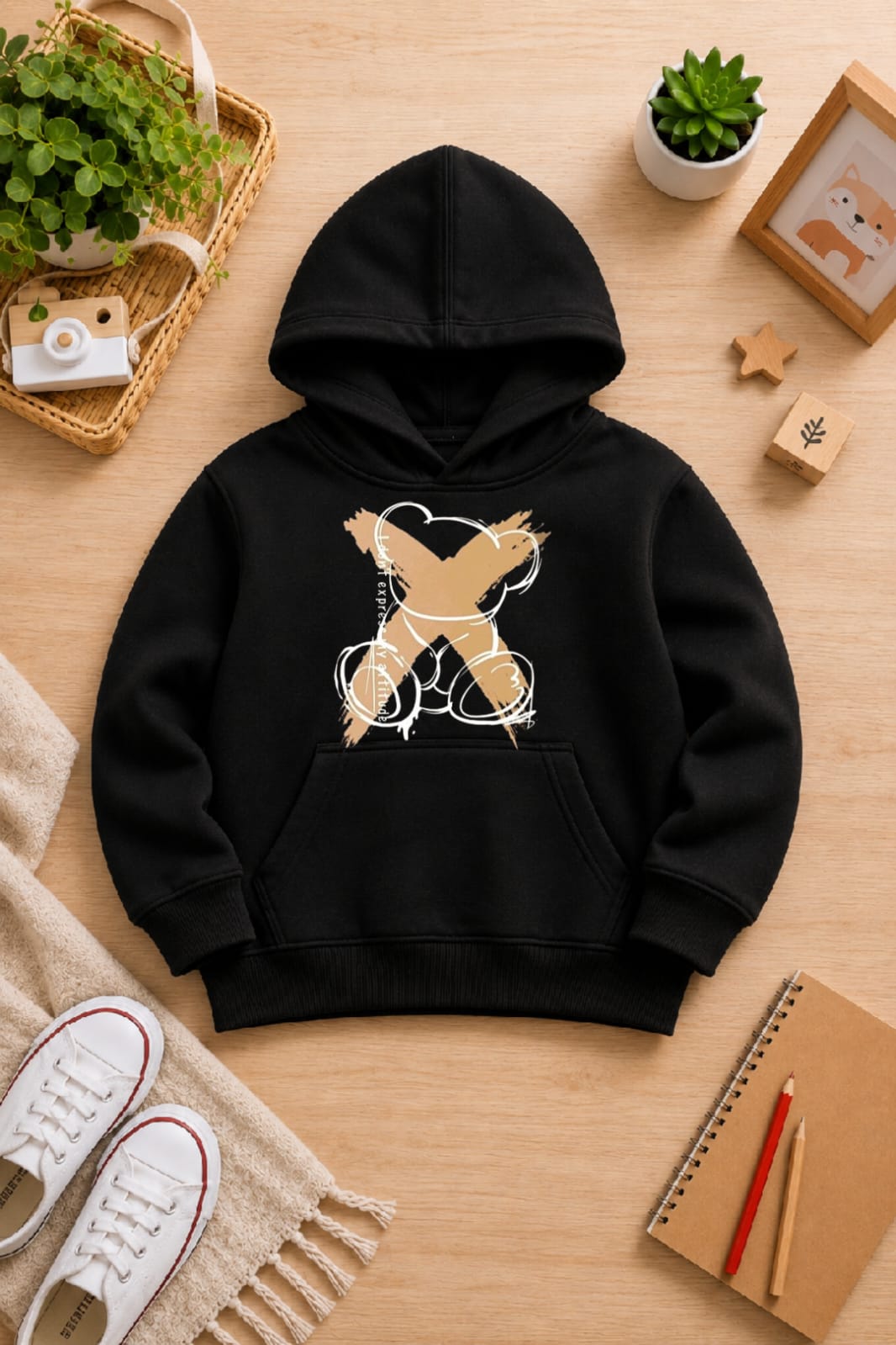 BOYS' black Printed Hoodie bear x Soft Warm Winter Kids Hoodie