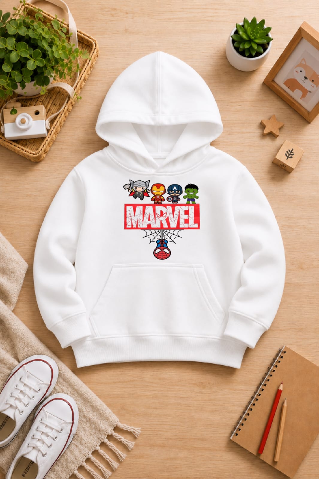 BOYS' white Printed Hoodie marvel Soft Warm Winter Kids Hoodie