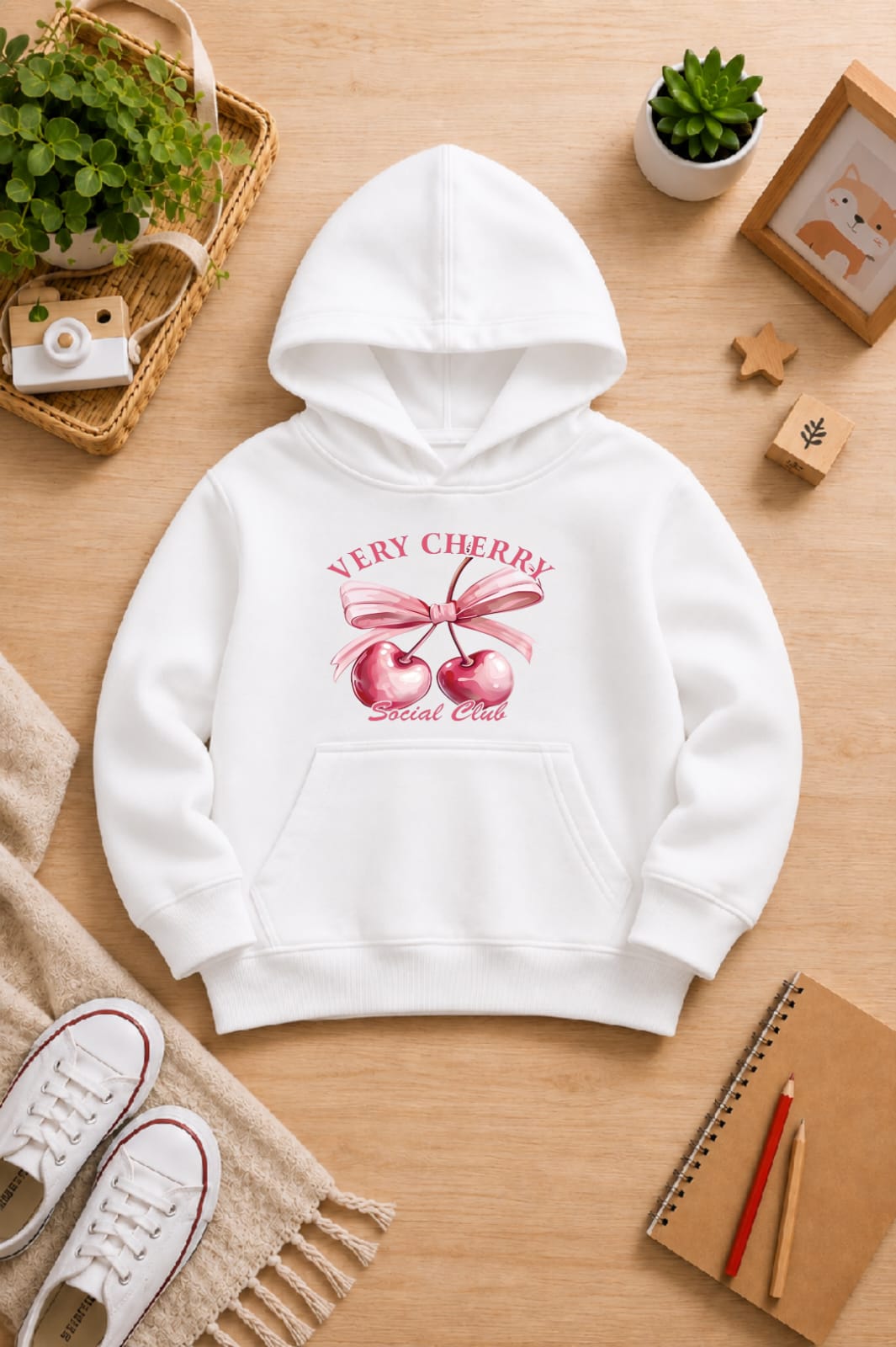 Girls' white Printed Hoodie cherry Soft Warm Winter Kids Hoodie