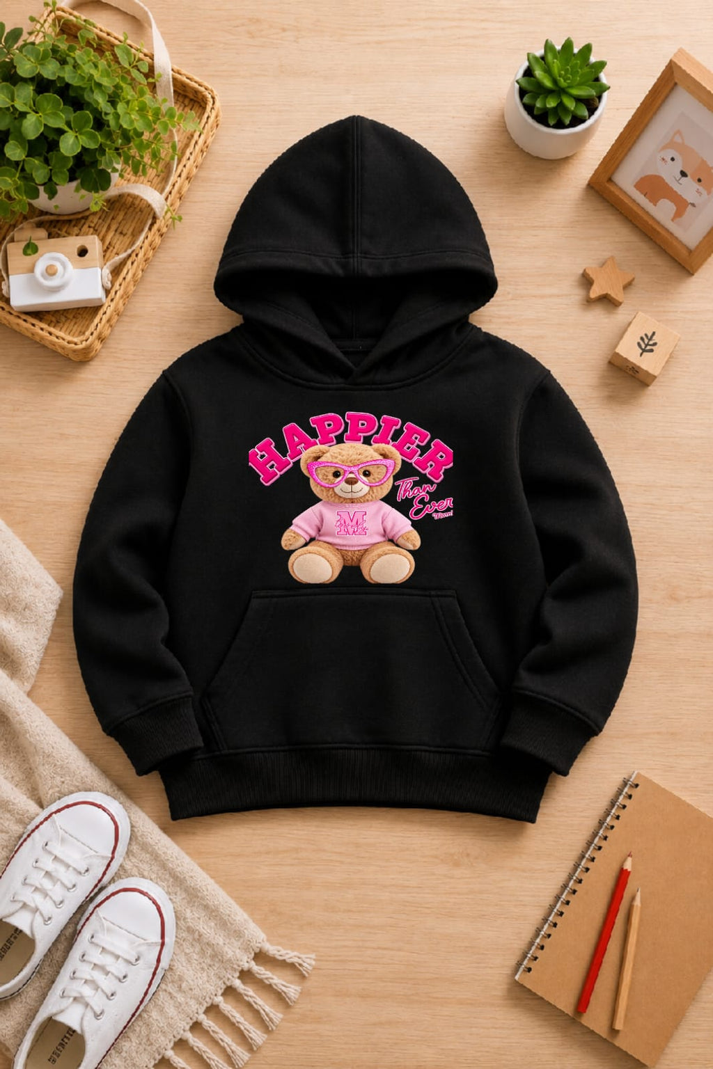 Girls' black Printed Hoodie bear  Soft Warm Winter Kids Hoodie