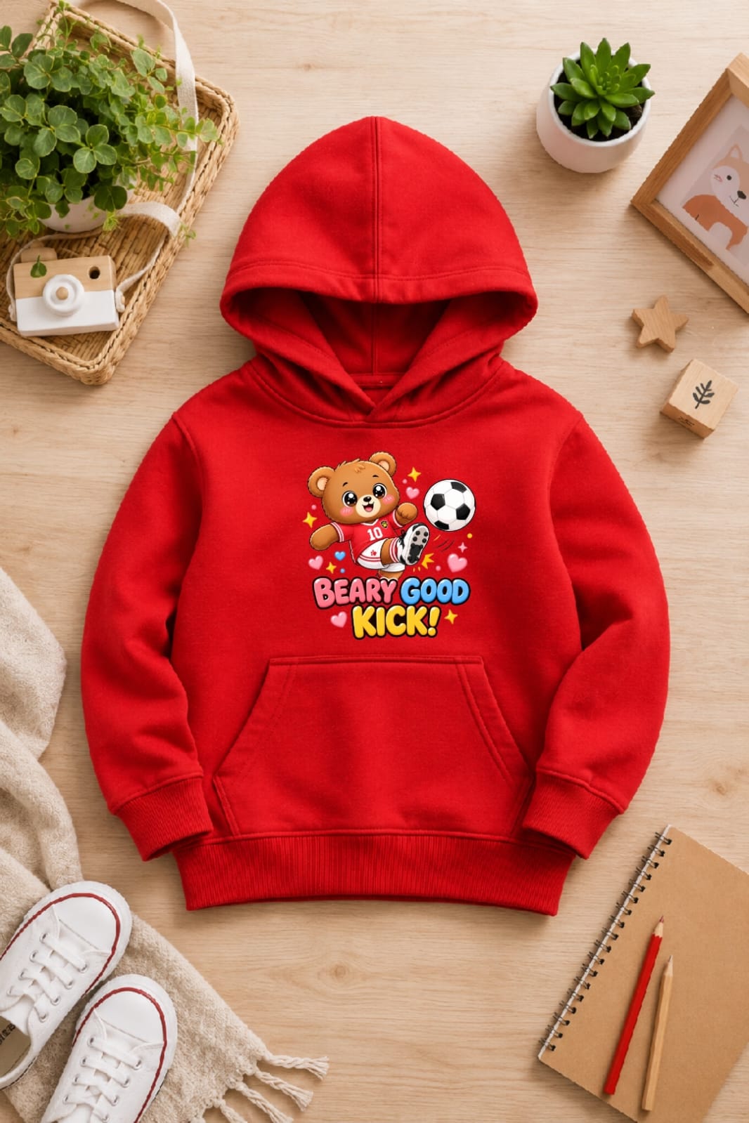 BOYS' red Printed Hoodie bear kick Soft Warm Winter Kids Hoodie