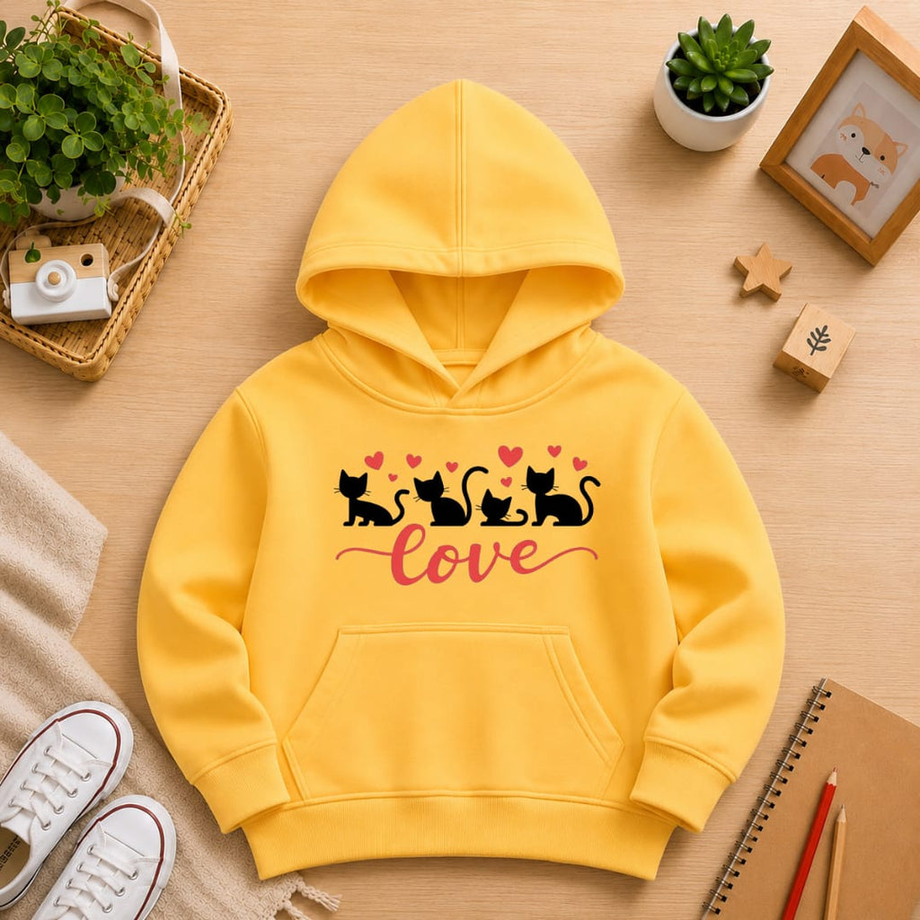 Girls' yellow Printed Hoodie cats Soft Warm Winter Kids Hoodie