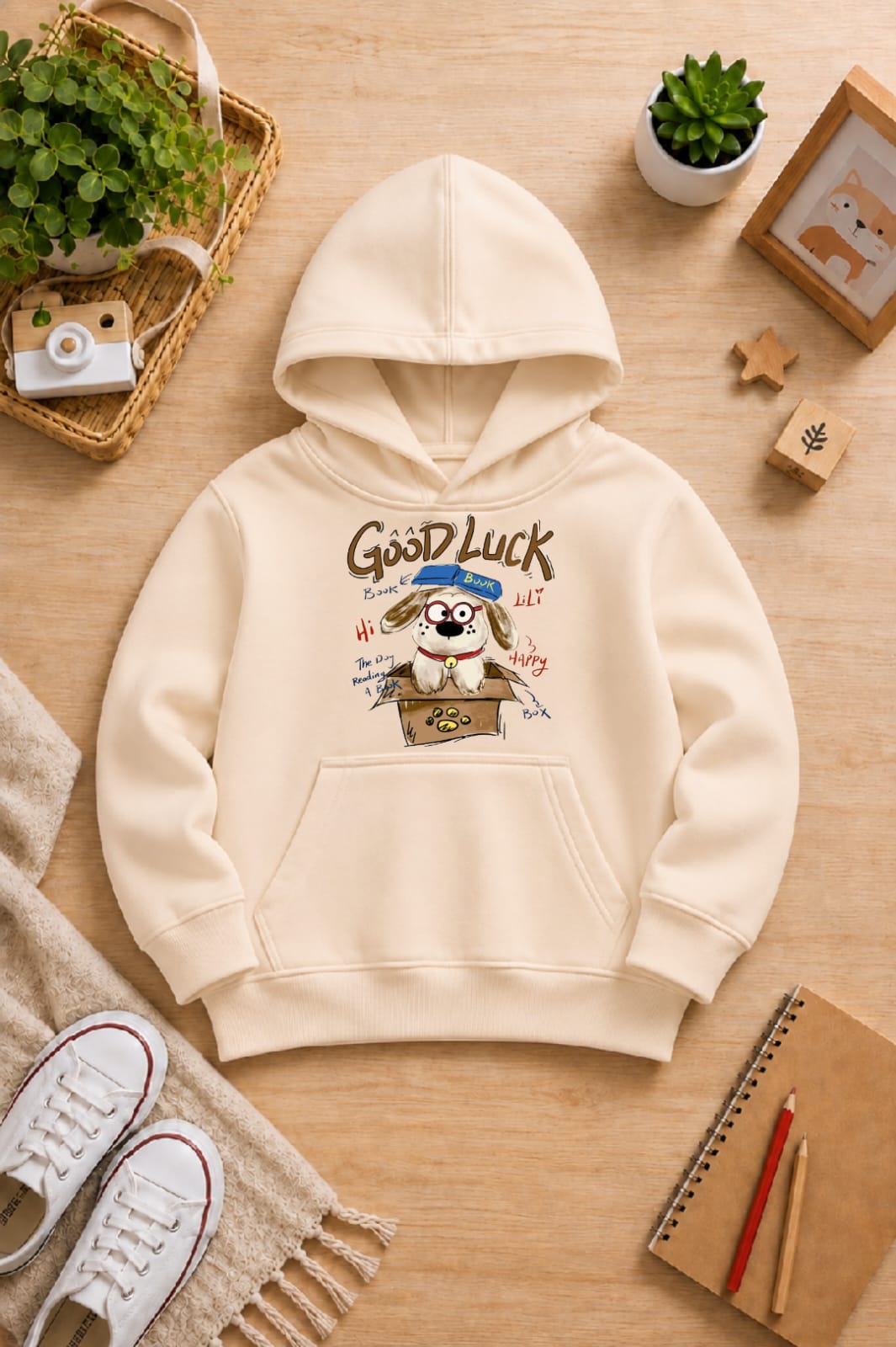 BOYS' beige Printed Hoodie good luck Soft Warm Winter Kids Hoodie (Copy)
