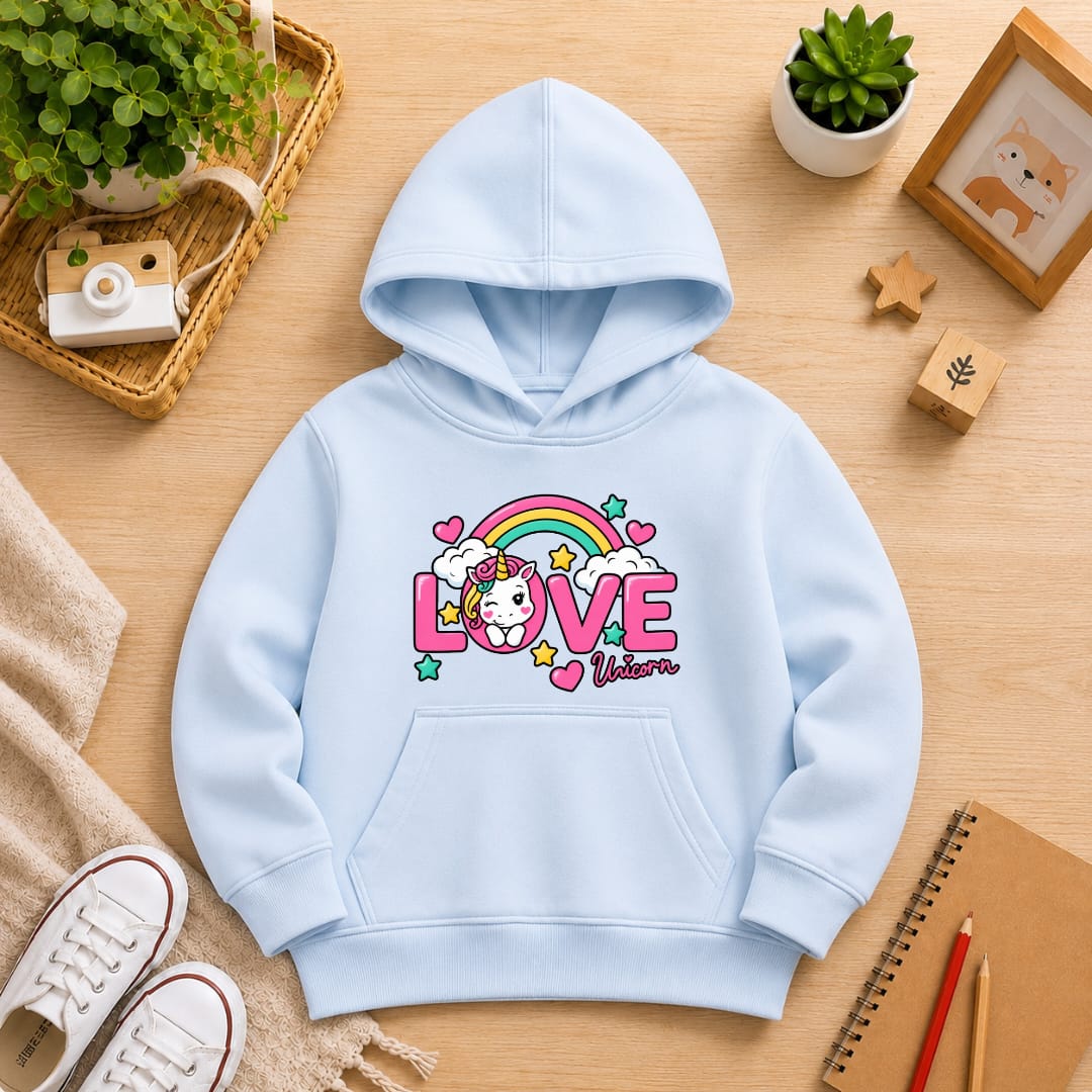 Girls' baby blue Printed Hoodie love Soft Warm Winter Kids Hoodie