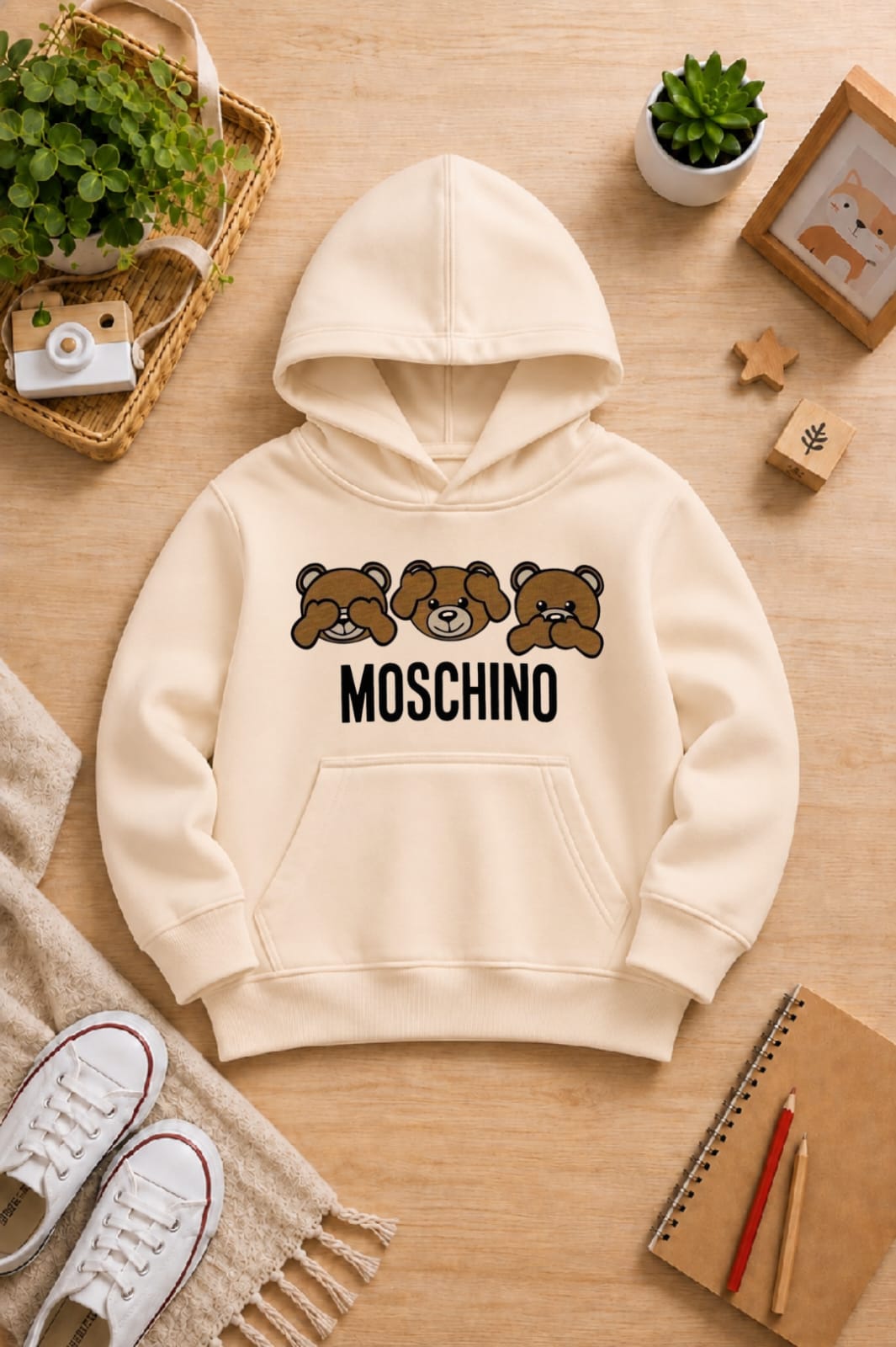 BOYS' beige Printed Hoodie 3 bears Soft Warm Winter Kids Hoodie