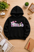 Girls' black Printed Hoodie hello unicorn Soft Warm Winter Kids Hoodie