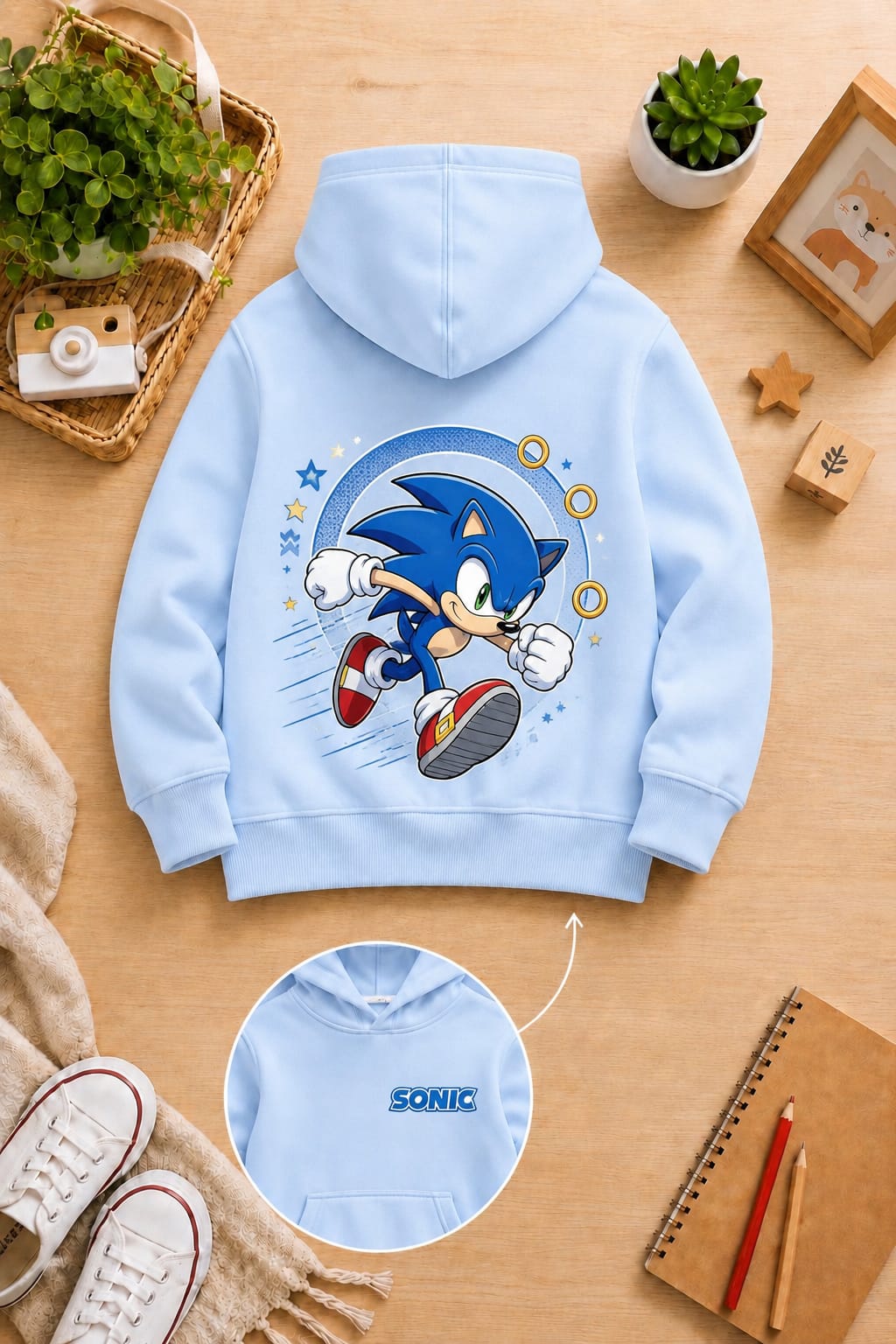 BOYS'baby blue  Printed Hoodie sonic Soft Warm Winter Kids Hoodie