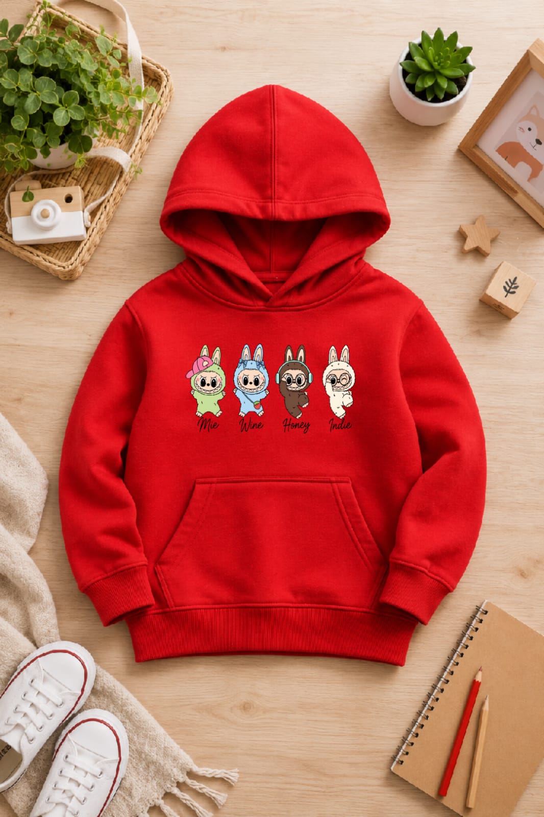 Girls' red Printed Hoodie labubu Soft Warm Winter Kids Hoodie